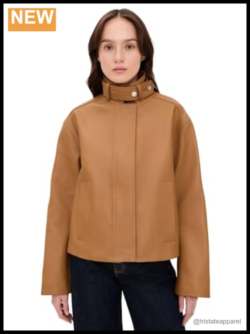 Women's Leather Moto Jacket Cropped Snap Closure